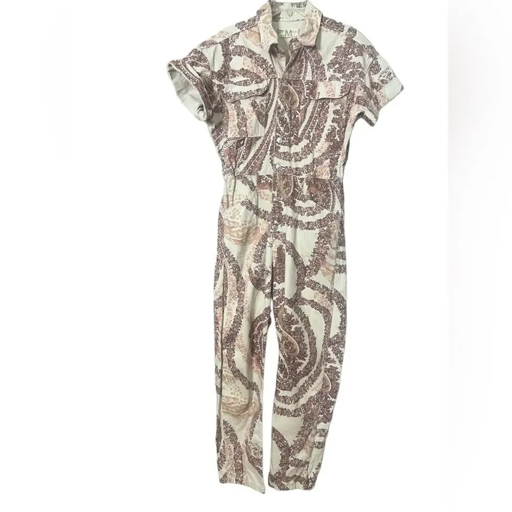 We The Free Cream and Brown Paisley Jumpsuit